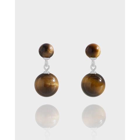 925 Sterling Silver Natural Tiger Eye Stud Earrings Double Bead Geometric Maillard Style Vintage Luxurious Women Jewelry