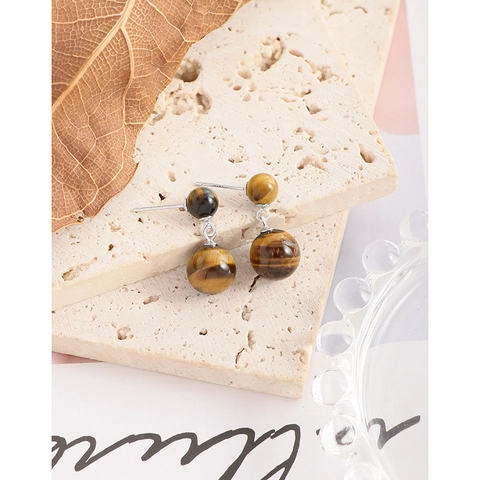 925 Sterling Silver Natural Tiger Eye Stud Earrings Double Bead Geometric Maillard Style Vintage Luxurious Women Jewelry