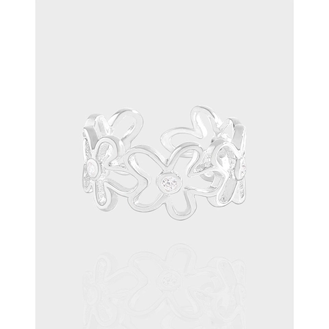 S925 Sterling Silver Hollow Flower Open Ring For Women Adjustable Zirconia Inlaid Floral Finger Ring Elegant Fashion Jewelry