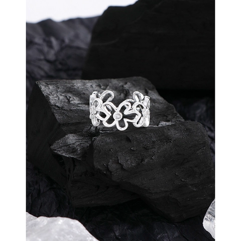 S925 Sterling Silver Hollow Flower Open Ring For Women Adjustable Zirconia Inlaid Floral Finger Ring Elegant Fashion Jewelry