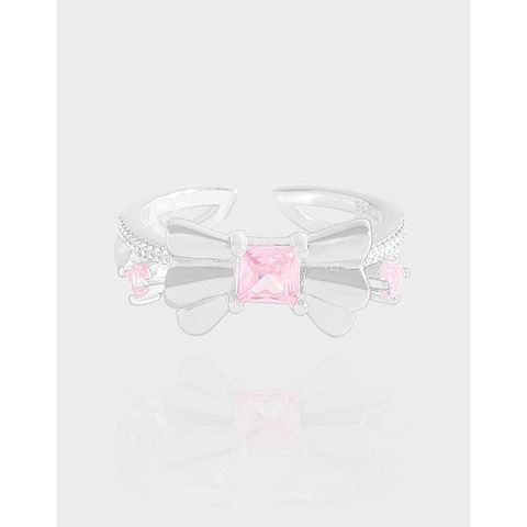 S925 Sterling Silver Pink Zirconia Bow Ribbon Open Ring Adjustable Minimalist Sweet Jewelry Finger Ring Gift For Women