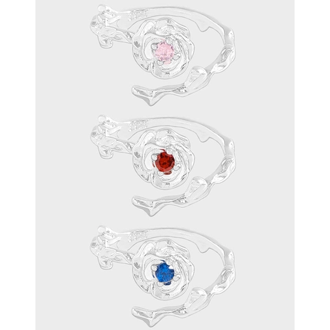 Bague Ouverte Fleur de Rose en Argent Sterling S925 pour Femmes Texture Ridée Vintage Rose Rouge Bleu Zirconia Bague Réglable Bijoux de Niche