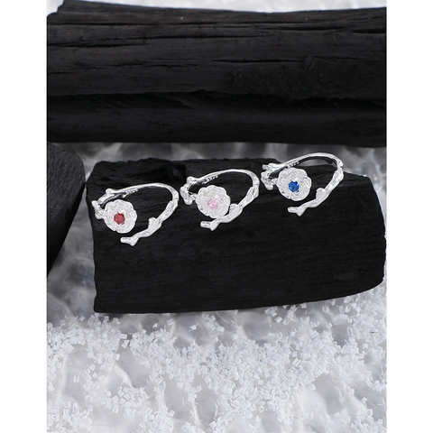 Bague Ouverte Fleur de Rose en Argent Sterling S925 pour Femmes Texture Ridée Vintage Rose Rouge Bleu Zirconia Bague Réglable Bijoux de Niche