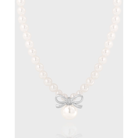 Collana con Pendente a Fiocco in Argento Sterling 925 e Perla Artificiale Stile Coreano Platino Argento Fiocco Perla Collana Donna