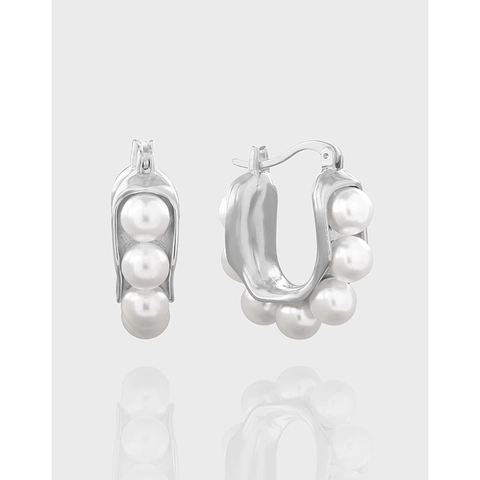 Pendientes de Aro de Plata de Ley 925 en Forma de U con Perlas Artificiales Pendientes Geométricos Minimalistas de Perlas de Concha para Mujer