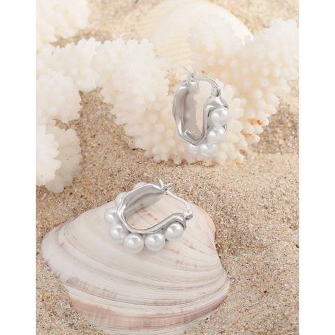 Pendientes de Aro de Plata de Ley 925 en Forma de U con Perlas Artificiales Pendientes Geométricos Minimalistas de Perlas de Concha para Mujer