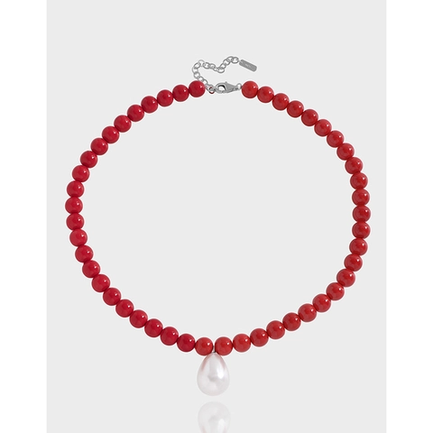 Vintage 925 Sterlingsilber Rote Perlenkette Für Damen Elegante Wassertropfen Perlmutt Anhänger Schlüsselbeinkette Schmuck