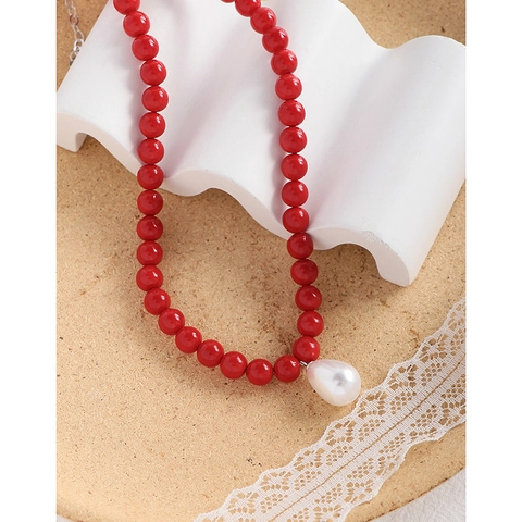 Vintage 925 Sterlingsilber Rote Perlenkette Für Damen Elegante Wassertropfen Perlmutt Anhänger Schlüsselbeinkette Schmuck