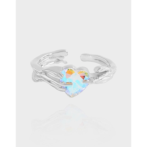 Anello Regolabile in Argento Sterling 925 con Zirconia a Cuore per Donna Pietra Aurora Cangiante Texture a Pieghe Design di Nicchia Regalo
