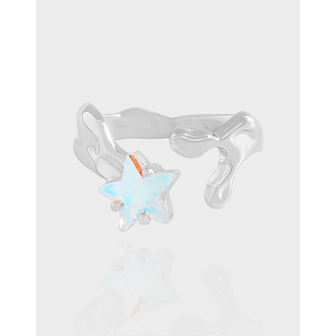 925 Sterling Silver Geometric Irregular Star Open Ring For Women Dazzling Rhinestone Adjustable Finger Jewelry Gift