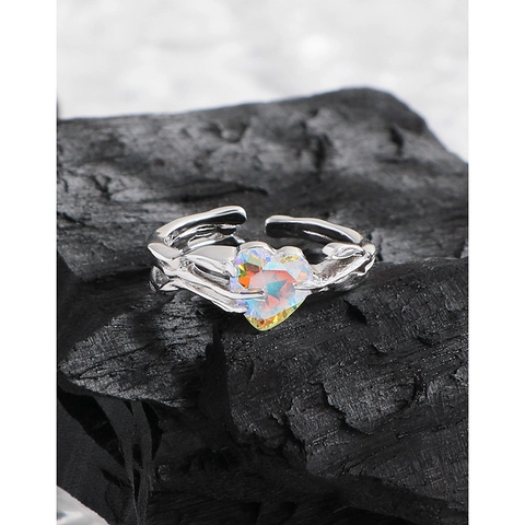 Anello Regolabile in Argento Sterling 925 con Zirconia a Cuore per Donna Pietra Aurora Cangiante Texture a Pieghe Design di Nicchia Regalo