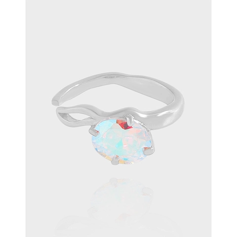 S925 Sterling Silver Geometric Irregular Iridescent Zirconia Adjustable Open Ring Minimalist Wave Line Jewelry For Women