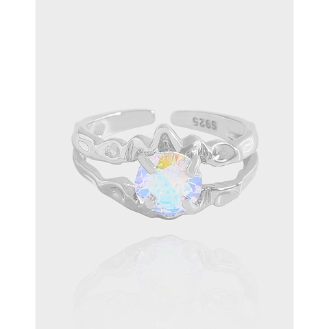 S925 Sterling Silver Minimalist Colorful Zirconia Open Ring For Women Korean Style Pleated Texture Adjustable Finger Ring Jewelry