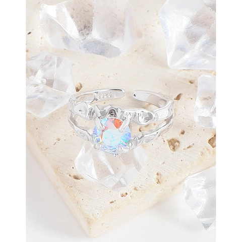 S925 Sterling Silver Minimalist Colorful Zirconia Open Ring For Women Korean Style Pleated Texture Adjustable Finger Ring Jewelry