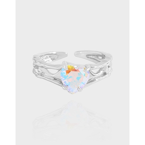 925 Sterling Silver Heart Ring For Women Iridescent Zirconia Wrinkle Texture Adjustable Opening Statement Finger Jewelry Gift