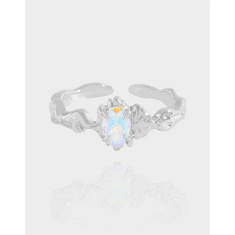 Anello Aperto Regolabile in Argento Sterling 925 Con Texture Lava Irregolare e Zirconia Colorata Ovale per Donna