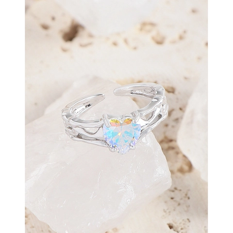 925 Sterling Silver Heart Ring For Women Iridescent Zirconia Wrinkle Texture Adjustable Opening Statement Finger Jewelry Gift
