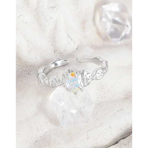 Anello Aperto Regolabile in Argento Sterling 925 Con Texture Lava Irregolare e Zirconia Colorata Ovale per Donna