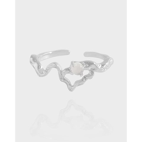 S925 Sterling Silver Agate Ring Korean Irregular Geometric Wavy Line Open Adjustable Ring For Women Minimalist Jewelry Gift