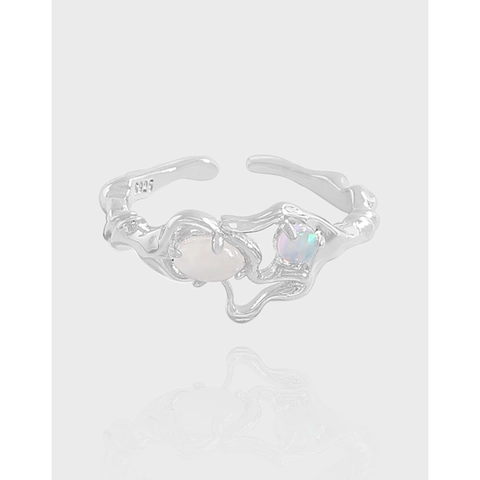 S925 Sterling Silver Irregular Liquid Metal Ring For Women Adjustable Opal Agate Inlaid Artistic Wrinkle Texture Finger Ring