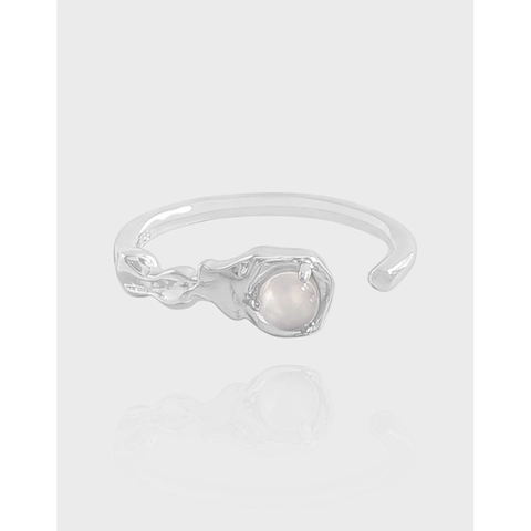S925 Sterling Silver Round Agate Ring Korean Niche Design Pleated Texture Adjustable Open Finger Ring For Women Fashion Jewelry