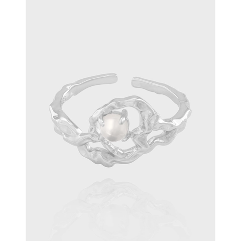 Vintage S925 Sterling Silver Irregular Heart Ring For Women Organic Lava Texture Artificial Pearl Adjustable Open Ring