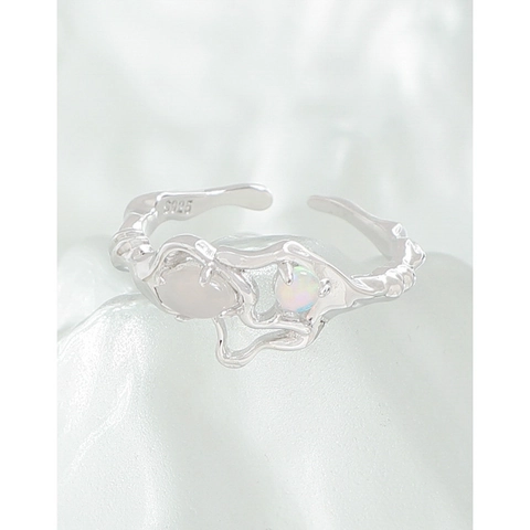 S925 Sterling Silver Irregular Liquid Metal Ring For Women Adjustable Opal Agate Inlaid Artistic Wrinkle Texture Finger Ring