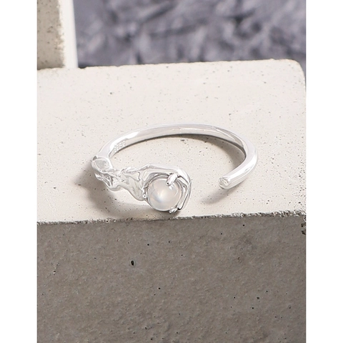 S925 Sterling Silver Round Agate Ring Korean Niche Design Pleated Texture Adjustable Open Finger Ring For Women Fashion Jewelry
