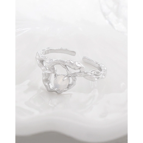 Vintage S925 Sterling Silver Irregular Heart Ring For Women Organic Lava Texture Artificial Pearl Adjustable Open Ring