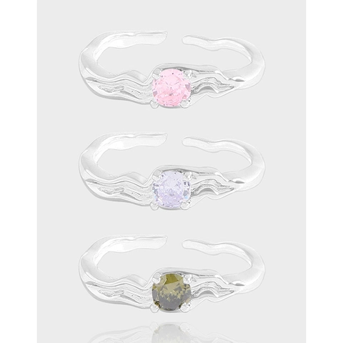 S925 Sterling Silver Adjustable Open Ring For Women Korean Style Irregular Pleated Texture Zirconia Inlaid Jewelry Gift