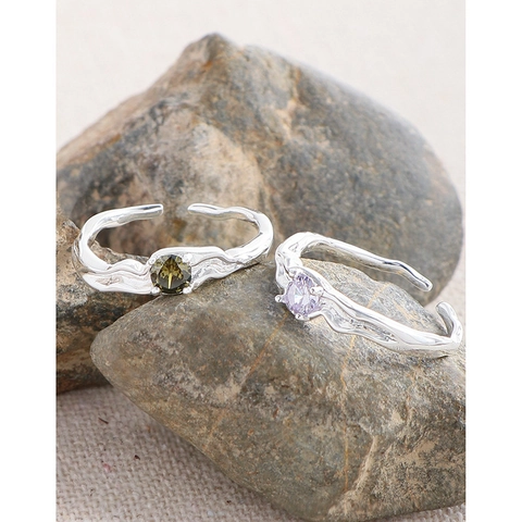 S925 Sterling Silver Adjustable Open Ring For Women Korean Style Irregular Pleated Texture Zirconia Inlaid Jewelry Gift