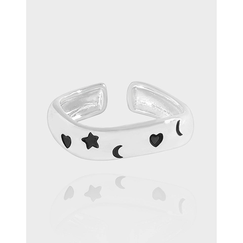 Anillo Ajustable Abierto de Plata de Ley S925 para Mujer Minimalista Esmalte Negro Estrella Luna Corazón Graffiti Joyería