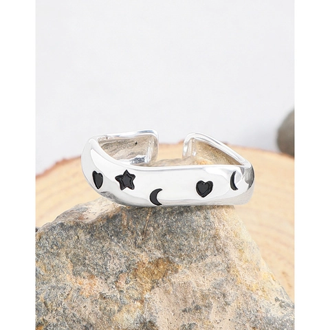 Anillo Ajustable Abierto de Plata de Ley S925 para Mujer Minimalista Esmalte Negro Estrella Luna Corazón Graffiti Joyería