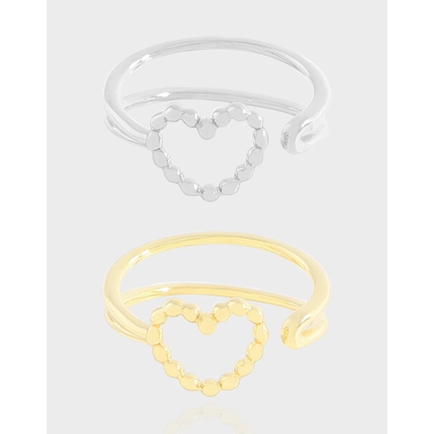 S925 Sterling Silver Heart Open Ring For Women Minimalist Geometric Double Line Hollow Beaded Adjustable Finger Ring Jewelry Gift