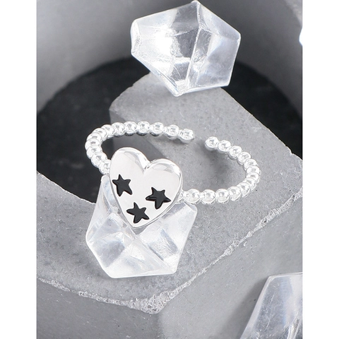 925 Sterlingsilber Herz Ring Mit Schwarzen Sternen Perle Verstellbar Offener Fingerring Koreanischer Stil Schmuck Damen