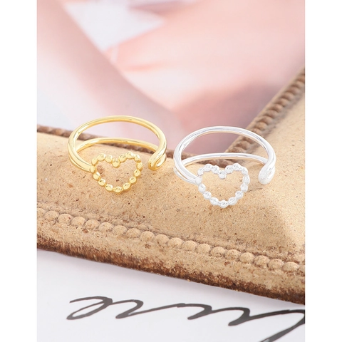 S925 Sterling Silver Heart Open Ring For Women Minimalist Geometric Double Line Hollow Beaded Adjustable Finger Ring Jewelry Gift