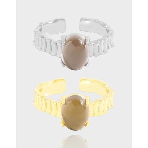 Anillo Abierto de Plata de Ley 925 con Cuarzo Ahumado Natural para Mujer Estilo Coreano Textura Ondulada Martillada Irregular Anillo Ajustable Chapado en Oro Plata Joyería