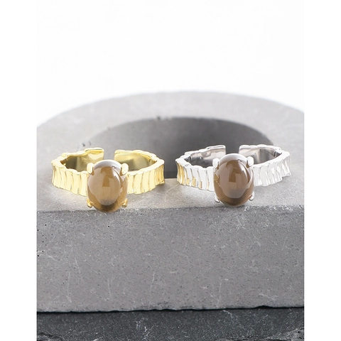Anillo Abierto de Plata de Ley 925 con Cuarzo Ahumado Natural para Mujer Estilo Coreano Textura Ondulada Martillada Irregular Anillo Ajustable Chapado en Oro Plata Joyería