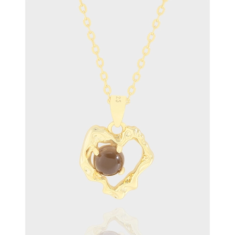 Collar Con Colgante de Corazón de Plata de Ley S925 para Mujer Cuarzo Ahumado Natural Textura Arrugada Joyería de Moda