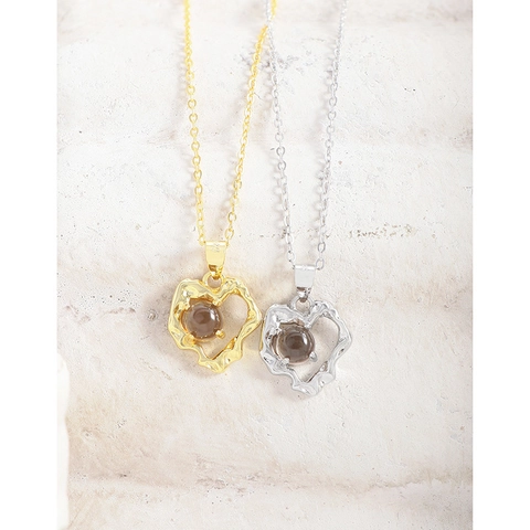 Collar Con Colgante de Corazón de Plata de Ley S925 para Mujer Cuarzo Ahumado Natural Textura Arrugada Joyería de Moda