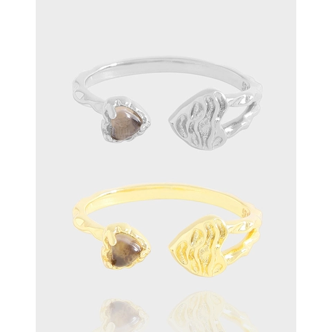 Anillo de Corazón de Plata de Ley 925 para Mujer Cuarzo Ahumado Natural Anillo Abierto Ajustable Textura Arrugada Joyería Minimalista