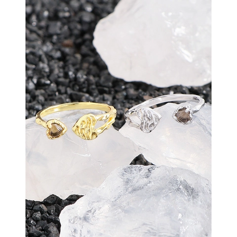 Anillo de Corazón de Plata de Ley 925 para Mujer Cuarzo Ahumado Natural Anillo Abierto Ajustable Textura Arrugada Joyería Minimalista