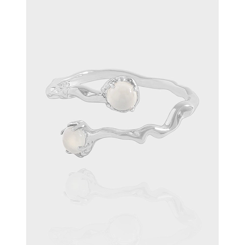 925 Sterling Silver Irregular Twisted Open Ring For Women Niche Design Elegant Double Agate Bead Adjustable Finger Ring