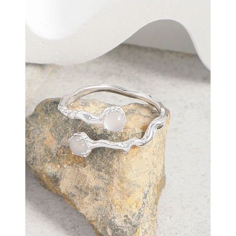 925 Sterling Silver Irregular Twisted Open Ring For Women Niche Design Elegant Double Agate Bead Adjustable Finger Ring