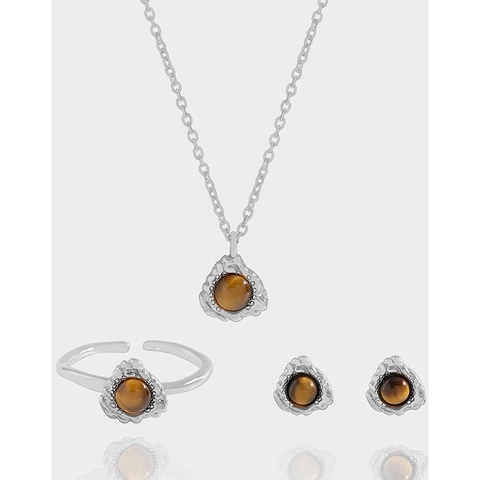 925 Sterling Silver Tiger Eye Stone Jewelry For Women Textured Adjustable Ring Pendant Necklace Stud Earrings Vintage Accessories