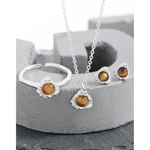 925 Sterling Silver Tiger Eye Stone Jewelry For Women Textured Adjustable Ring Pendant Necklace Stud Earrings Vintage Accessories