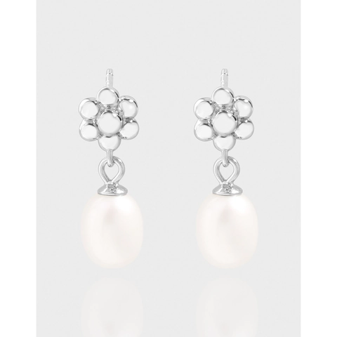 Orecchini a Bottone in Argento Sterling 925 con Perla d'Acqua Dolce e Fiore Elegante Placcato Oro Bianco Gioielli Minimalisti da Donna