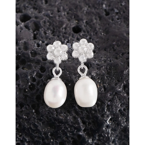 Orecchini a Bottone in Argento Sterling 925 con Perla d'Acqua Dolce e Fiore Elegante Placcato Oro Bianco Gioielli Minimalisti da Donna