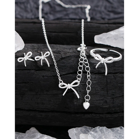 Minimalistisch 925 Sterlingsilber Schleife Schmuck Set Für Damen Süß Koreanisch Ins Stil Ohrstecker Verstellbarer Ring Anhänger Halskette Geschenk