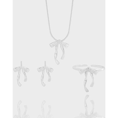 S925 Sterlingsilber Schleife Band Schmuck Koreanischer Ins-Stil Bowknot Ohrstecker Schlangenkette Halskette Verstellbarer Ring
